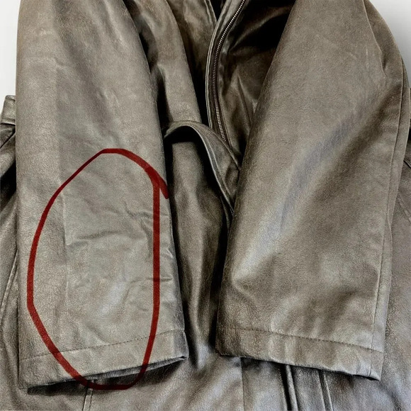 Giacca Vintage Faux Leather Belted Peacoat Jacket Faux Fur Collar Size XL Brown - Picture 16 of 16